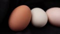 Three chicken eggs on black background