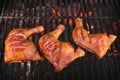 Three Chicken Leg Quarter Roasted On Hot BBQ Flaming Grill Royalty Free Stock Photo