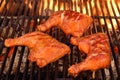 Three Chicken Leg Quarter Roasted On Hot BBQ Flaming Grill Royalty Free Stock Photo