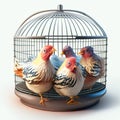 Three chickens in a metal cage on a white background. 3d rendering AI Generated