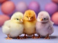 three chicks on blurry colorful eggs background. Easter concept