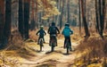 Three children cyclists in helmets ride on a sunlit forest path, surrounded by tall trees and spring foliage. Royalty Free Stock Photo