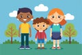 Three children of different ethnicities pose happily in a colorful park with trees and clouds under a blue sky Royalty Free Stock Photo