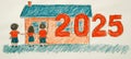 Three Children Looking Towards the Future, Symbolized by a Crayon House and the Year 2025 Royalty Free Stock Photo