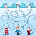 Three children make three snowmen. Find whose is where? Children`s picture with a riddle