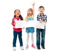 Three children with open mouths holding empty sheet of paper