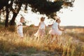 three children playing in the field in summer. young children playing outdoors smiling. happy family. carefree childhood