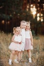 Three children playing in the field in summer. young children playing outdoors smiling. happy family. carefree childhood Royalty Free Stock Photo