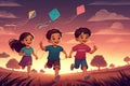 Three children are running in field with kites Royalty Free Stock Photo