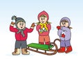 Three children with sled, snowballing, eps.