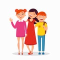 Three children standing and hugging vector flat illustration. Group of kids laughing, children - friends in casual style