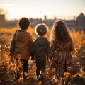 Three children stands with her back to the camera walk