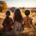 Three children stands with her back to the camera walk