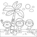 Children at the beach under a palm tree. Vector black and white coloring page.