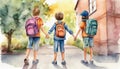 Three children are walking down street holding hands Royalty Free Stock Photo