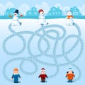 Three children in winter coats make three snowmen. Find whose is where? Picture with a riddle Royalty Free Stock Photo