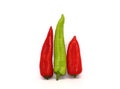 Three chili peppers of red and green color on a light background.