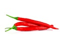 Three Chilli hot red peppers isolated on a white background. Close up