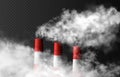 Three chimneys emits thick smoke clouds. Ecology related urban realistic vector illustration isolated on the dark