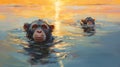 Stunning Ocean Sunset: Chimpy\'s Aesthetic Swim In An 8k Portrait Painting