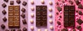 Three chocolate bars with assorted sweets on colorful backgrounds Royalty Free Stock Photo