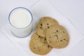 Three chocolate chip cookies and glass of milk