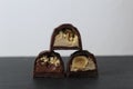 three chocolate glazed case candies with praline chocolate filling and nuts whole and crushed peanuts and hazelnuts lie