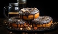 Three chocolate glazed donuts with nuts and coffee beans, AI
