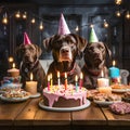 Three chocolate labrador retriever dogs celebrating birthday Royalty Free Stock Photo