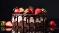 Three chocolates cake with chocolate drips on a black background. Layered cake with milk, black and white chocolate souffle