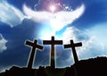 Three christian Crosses, angel rising beautifull clouds