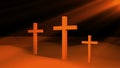 Three christian crosses are on ground and sun rays, resurrection Easter conceptual art, 3d render Royalty Free Stock Photo