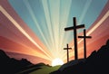 Three Christian Easter and Good Friday Holiday Crosses on Hill of Calvary with Colorful Clouds in Sky. Crucifixion of Royalty Free Stock Photo