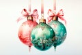 Three Christmas Balls and Ribbon. Holiday Decoration. Ornamental Deco. Generative AI.