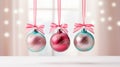 Three Christmas Balls with Ribbons. Winter Decoration Window and Bokeh Lights.