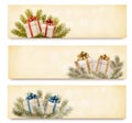 Three christmas banners with gift boxes and snowfl