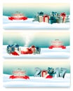 Three Christmas banners with presents and magic box. Royalty Free Stock Photo