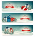 Three Christmas banners with presents. Royalty Free Stock Photo