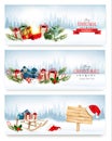 Three Christmas banners with presents. Royalty Free Stock Photo