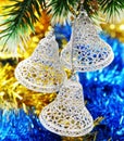 Three Christmas bells decoration with festive background Royalty Free Stock Photo