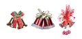 Three Christmas bells with a red ribbon Royalty Free Stock Photo