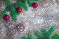 Three Christmas cakes, winter snowbound wooden background, red b