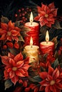 Three Christmas candles with Christmas flowers illustration. Christmas theme illustration. Copy space. Horizontal format for Royalty Free Stock Photo