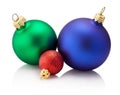 Three Christmas colored baubles Isolated on white background