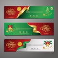 Three Christmas horizontal banners with santa claus, jingle bells, ribbons and stars. New year and Christmas card illustration on