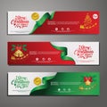 Three Christmas horizontal banners with santa claus, jingle bells, ribbons and stars. New year and Christmas card illustration on