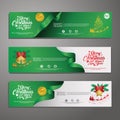 Three Christmas horizontal banners with santa claus, jingle bells, ribbons and stars. New year and Christmas card illustration on