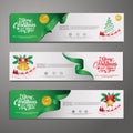 Three Christmas horizontal banners with santa claus, jingle bells, ribbons and stars. New year and Christmas card illustration on