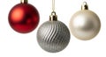 Three Christmas Ornaments Red Silver and White on White Background decoration bauble Royalty Free Stock Photo