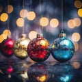 three christmas ornaments hanging from strings on a dark background Royalty Free Stock Photo